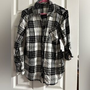 Dash Black and White Plaid Button Down Long Roll Sleeve Shirt Size:S NWT